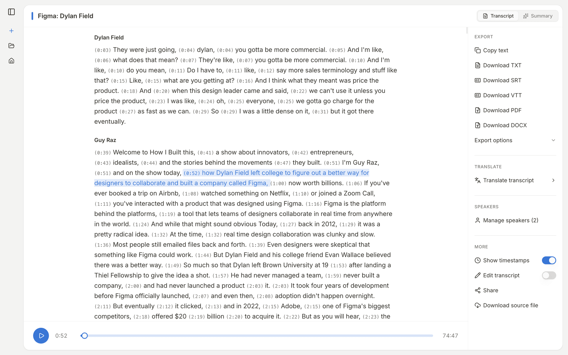 오디오 파형과 전사 내용을 보여주는 Vocova AI 전사 인터페이스
