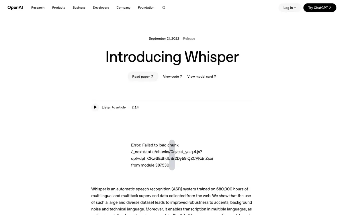 OpenAI Whisper official page screenshot