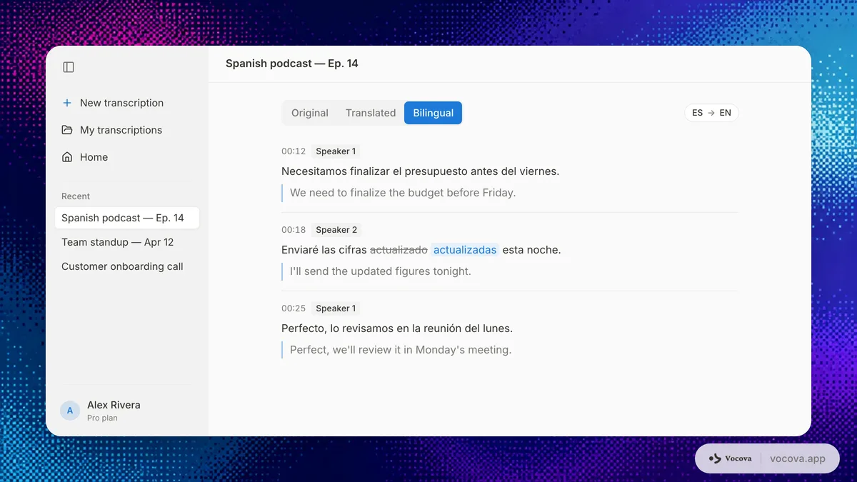Editor de transcripciones bilingües de Vocova con texto fuente y texto traducido lado a lado