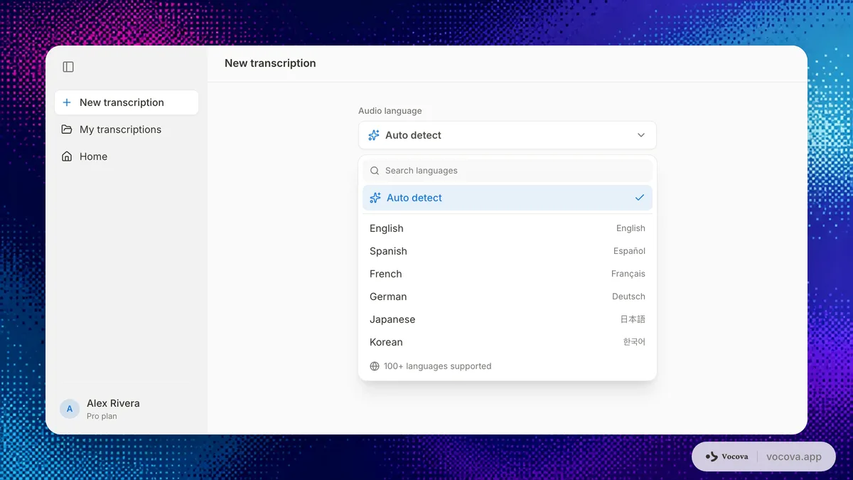 Selector de idioma de audio de Vocova que muestra detección automática junto a una lista de más de 100 idiomas compatibles