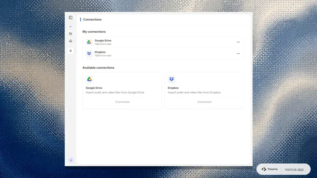 Página de configuración de conexiones de Vocova con cuentas de Google Drive y Dropbox conectadas