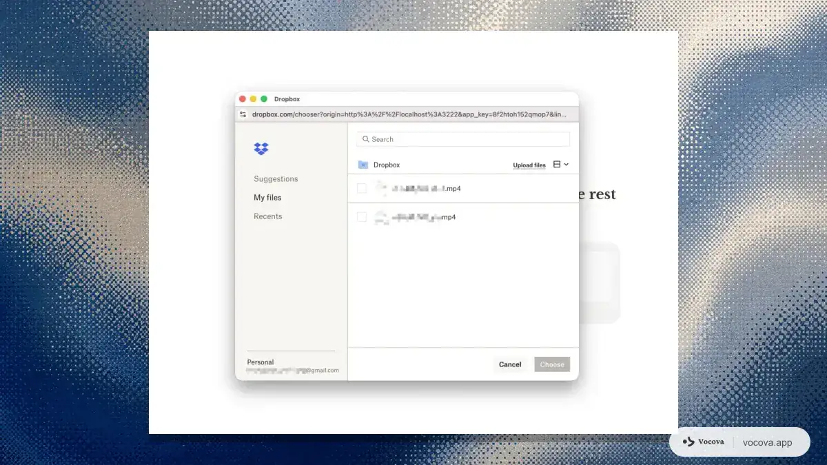 Ventana de Dropbox Chooser con archivos MP4 de una cuenta de Dropbox conectada