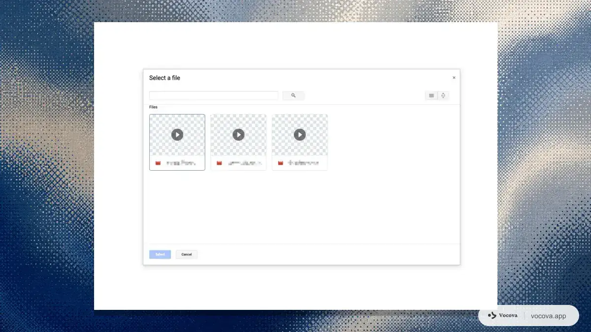 Selector de archivos de Google Drive con una lista de videos y un archivo seleccionado