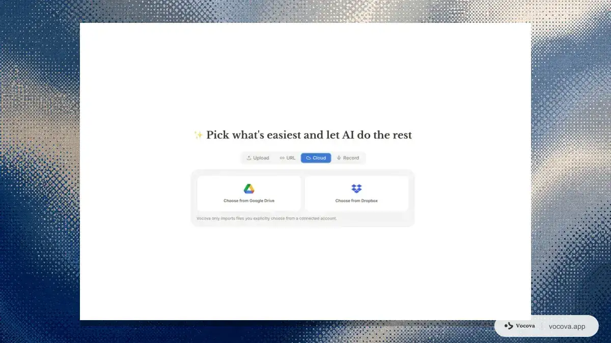 Pestaña Cloud en la página de nueva transcripción de Vocova con opciones para elegir desde Google Drive y Dropbox