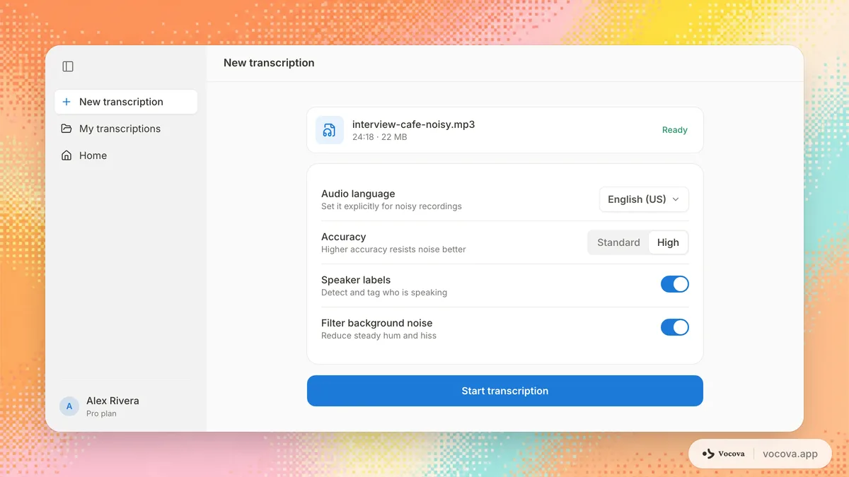 Transcription settings panel for noisy audio with language, accuracy and speaker controls