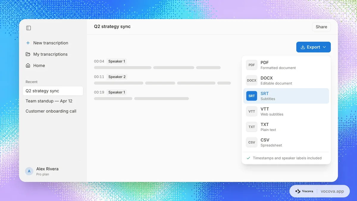 Menú de exportación de Vocova que ofrece la transcripción como PDF, DOCX, SRT, VTT, TXT y CSV