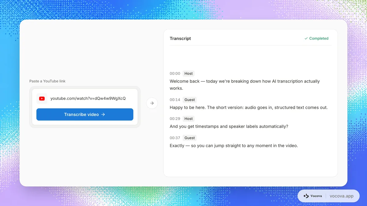 Herramienta de transcripción de YouTube de Vocova con una URL de YouTube pegada y lista para transcribir