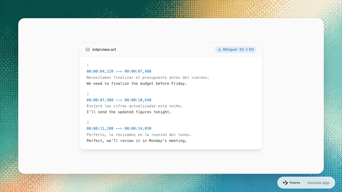 Vista previa de archivo de subtítulos SRT bilingüe que muestra en cada segmento la línea original y su traducción con la misma marca de tiempo